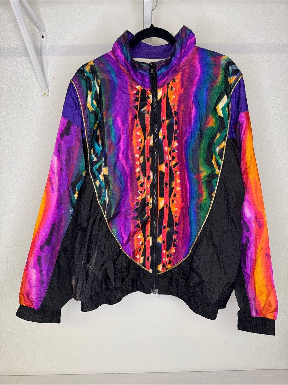 Vintage 1980’s Kuma Colorful Patterned Windbreaker Jacket - Purple/Black Size XL